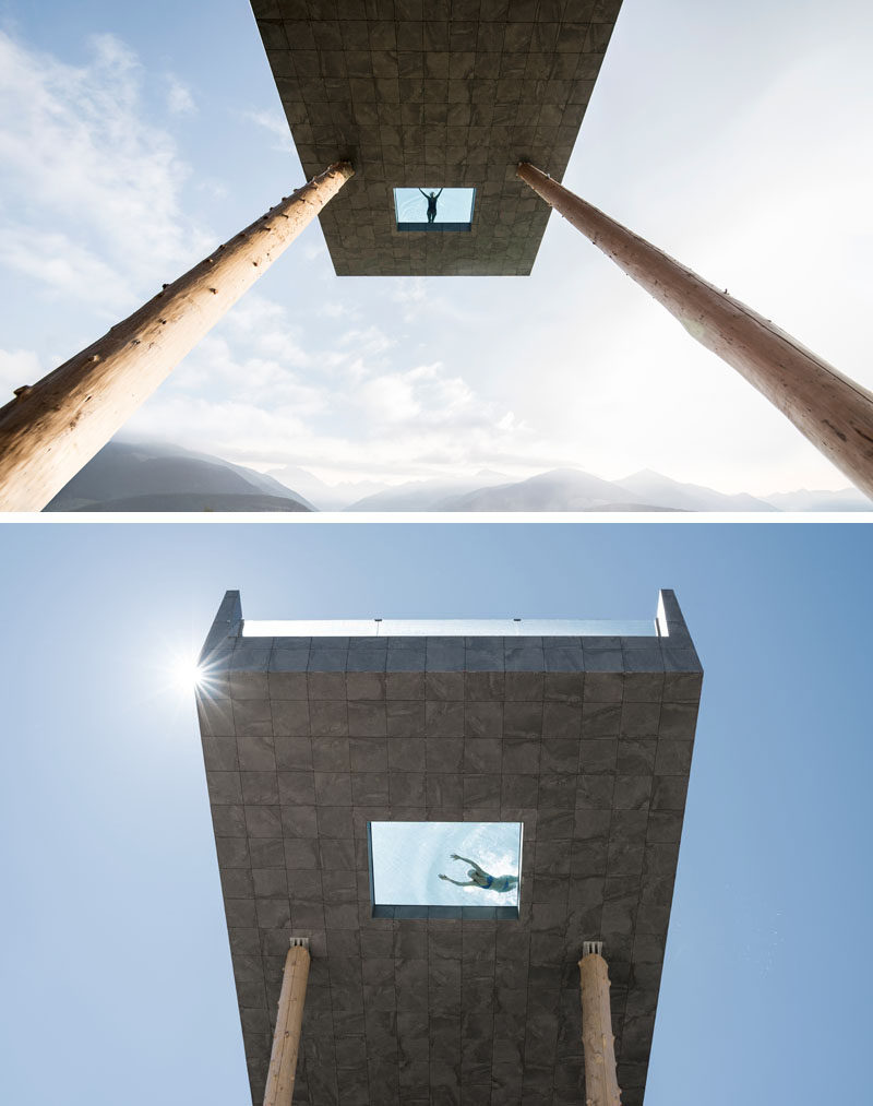 A hidden feature of this pool is a glazed window on the bottom of the pool, that allows swimming to have a unique view of the ground below.