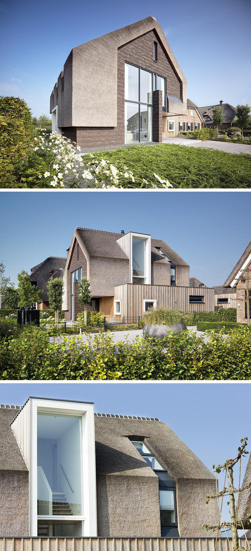 12 Examples Of Modern Houses And Buildings That Have A Thatched Roof // Traditional materials like brick, wood, and thatch used for the exterior, mix the old with the new on this modern family home.