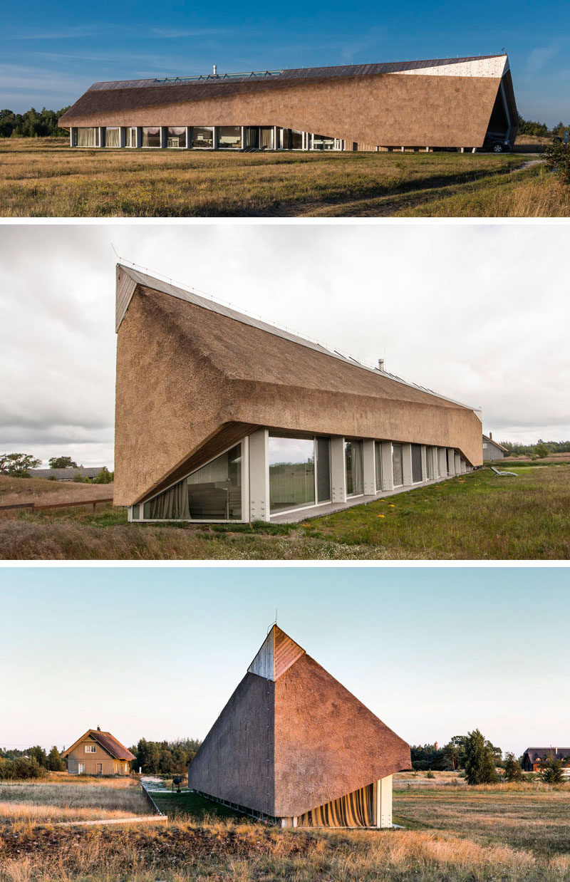 12 Examples Of Modern Houses And Buildings That Have A Thatched Roof // This long, single level house has a thatched roof running the length of it, with a long skylight in the middle to let in natural light throughout the day.