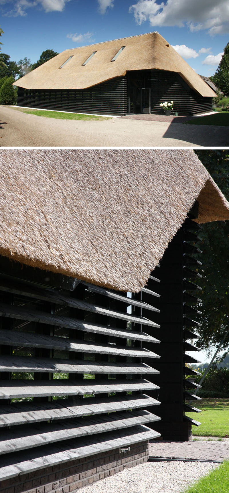 12 Examples Of Modern Houses And Buildings That Have A Thatched Roof // The thatched roof on this building helped retain its historical roots while the rest of the barn was turned into a contemporary work space. 