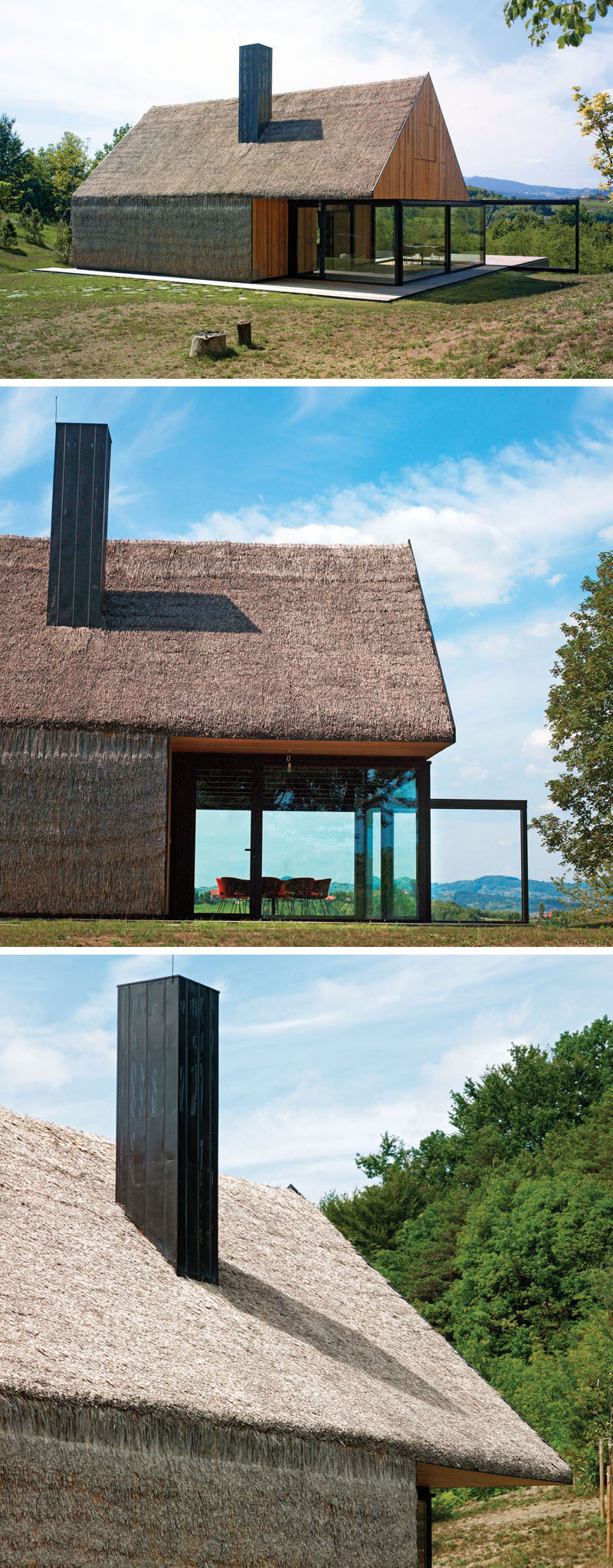 12 Examples Of Modern Houses And Buildings That Have A Thatched Roof // A dilapidated farmers cottage was restored and updated with modern timber cladding, and while the traditional straw walls and roof to pay tribute to the original structure and historical site.