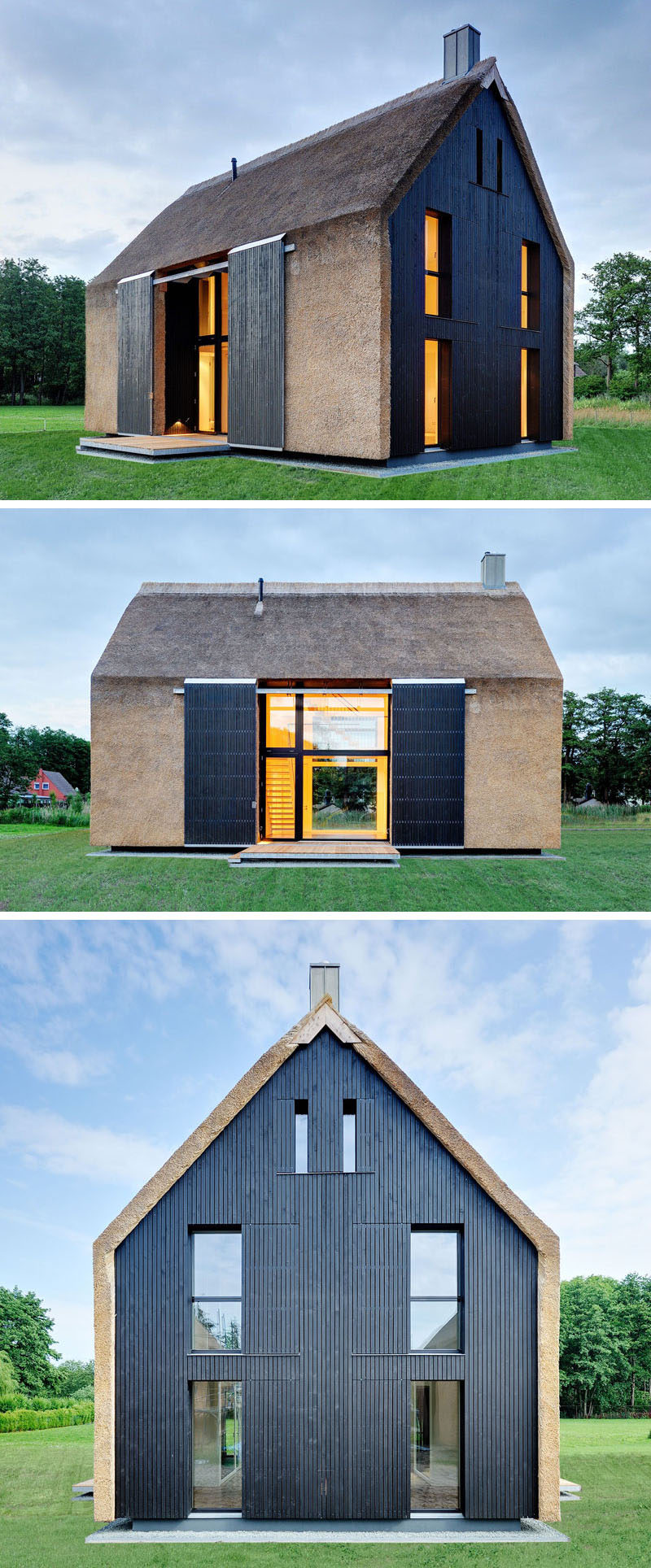 This thatch almost covers the entire exterior of this home, including the roof and some of the walls to create a textured look and contrast the black wood paneling.