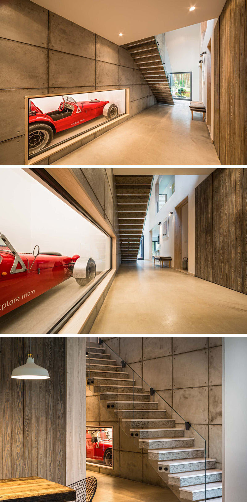 Inside this home, the entry hallway has an unexpected surprise. Embedded within the concrete wall of the home and displayed behind glass is a little red race car.