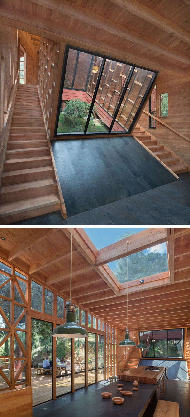 Multiple staircases are used to move around this house, and they are located on either side of a large cut-out in the home that's open to the elements and provides an abundance of light into the space and kitchen.