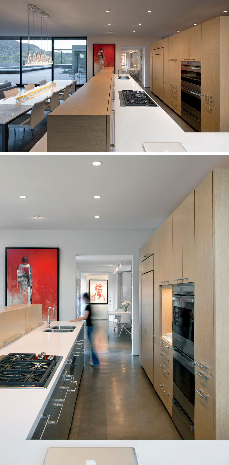 This kitchen has wooden cabinetry with a hidden fridge) combined with white countertops. On top of the counters is a row of additional smaller storage cabinets.