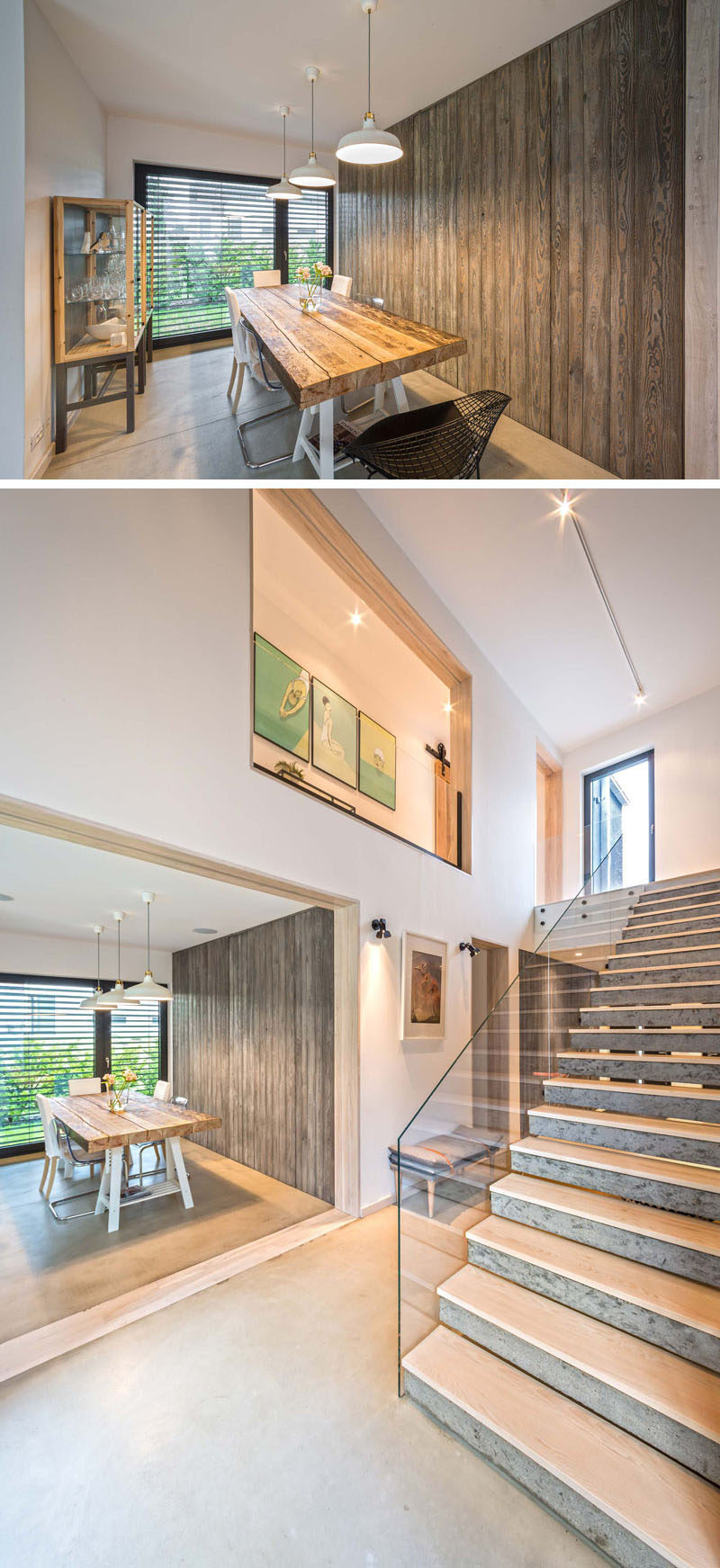 This dining room has a wooden feature wall and access to the backyard.