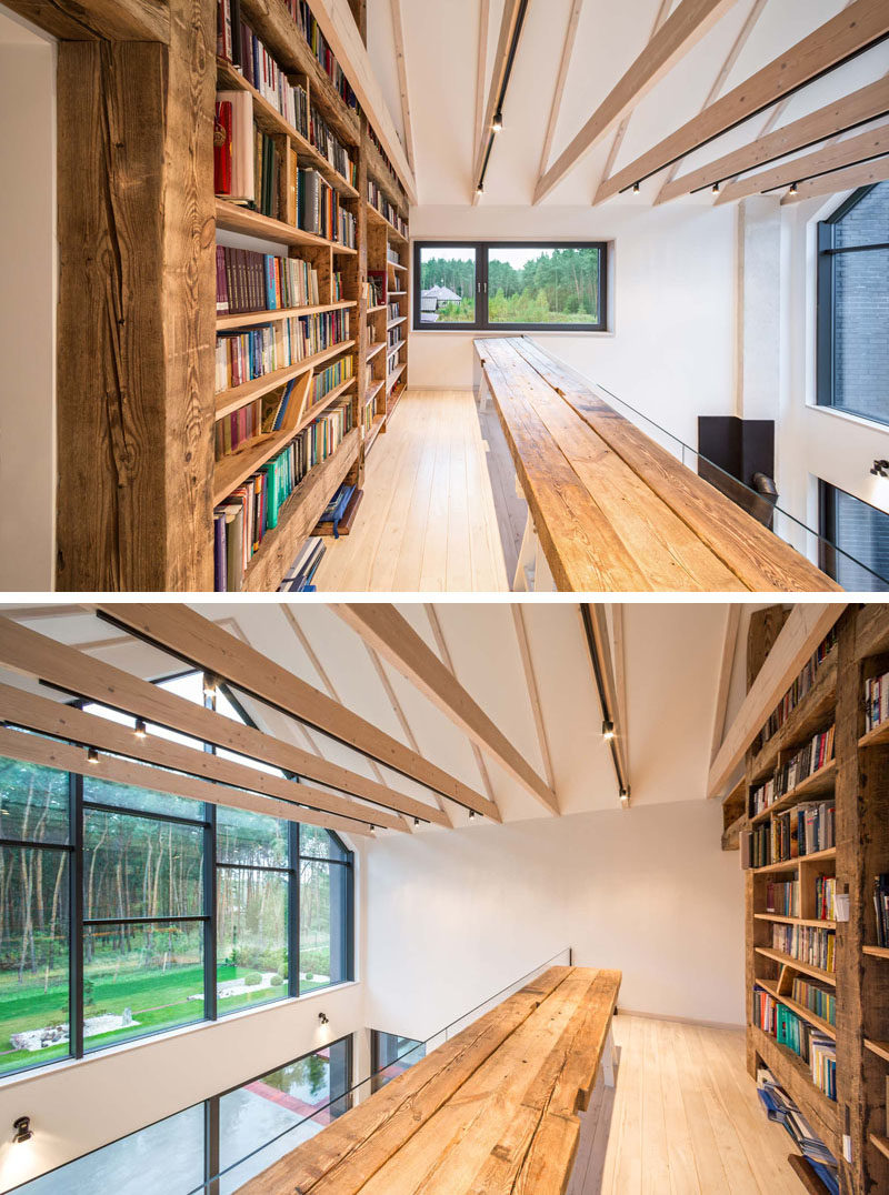 This home has a mezzanine library/reading area that overlooks the floor below and has views of the garden.