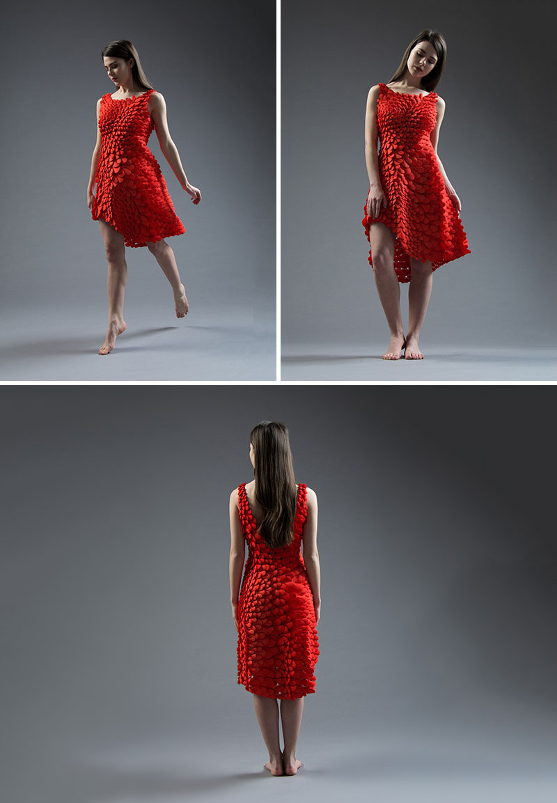 3D PRINTED FASHION - This flowing red dress was inspired by petals, feathers, and scales. It was 3d printed using durable nylon plastic.