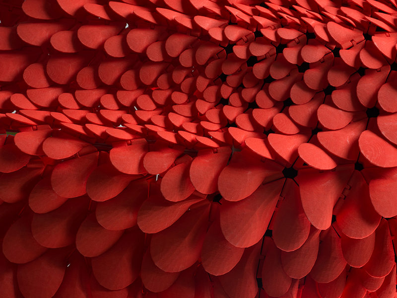 3D PRINTED FASHION - This flowing red dress was inspired by petals, feathers, and scales. It was 3d printed using durable nylon plastic.