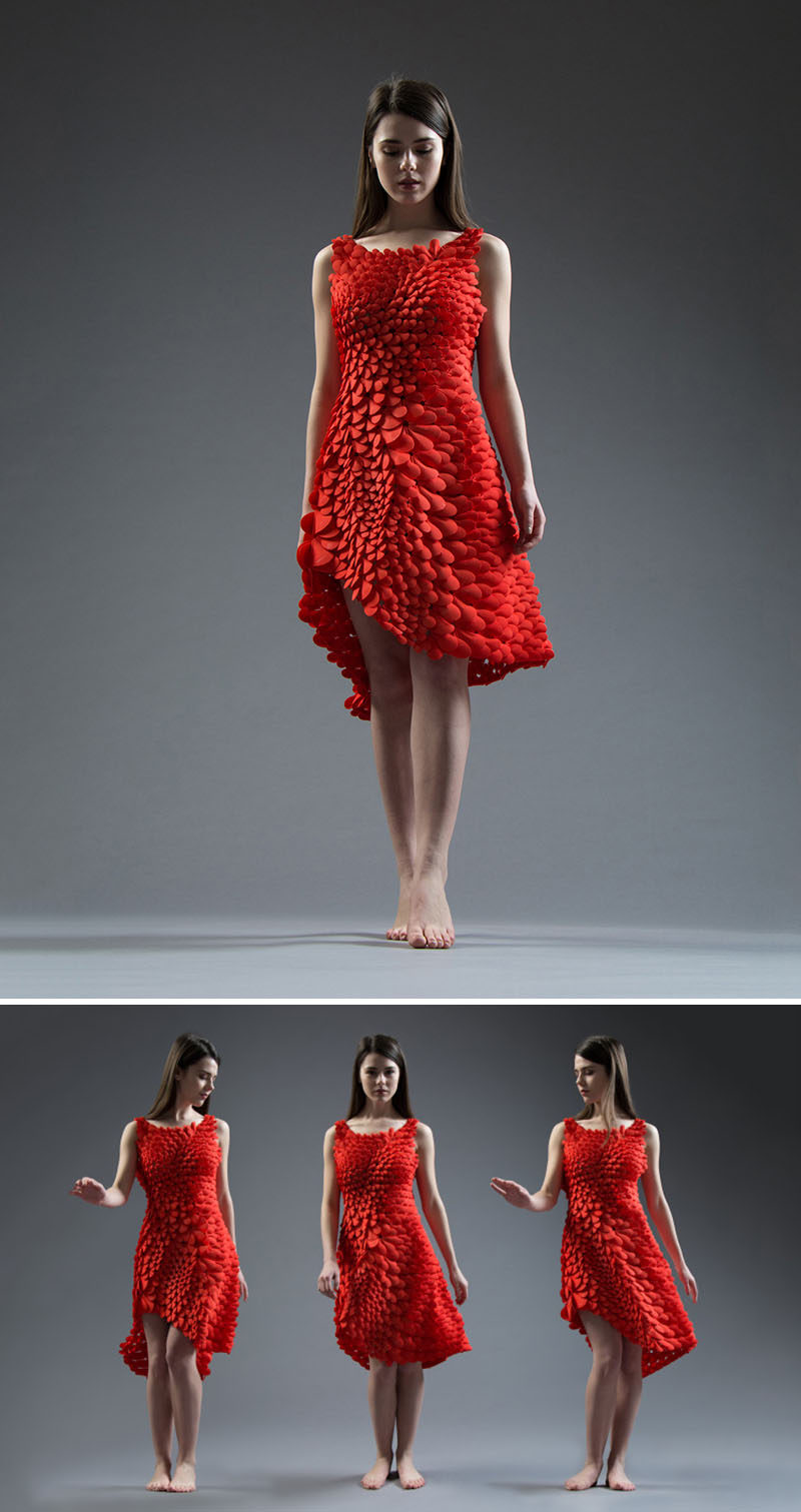 3D PRINTED FASHION - This flowing red dress was inspired by petals, feathers, and scales. It was 3d printed using durable nylon plastic.