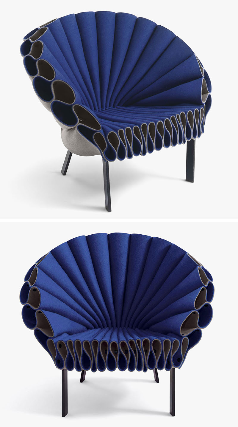 Furniture Ideas - 28 Accent Chairs For A Dramatic Living Room // Pieces of felt have been arranged on a minimal metal frame to create a chair that resembles peacock feathers but doesn’t require any upholstery or sewing.