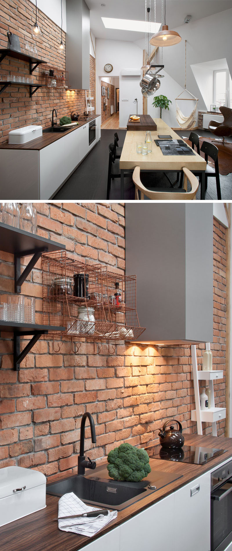 Throughout this apartment kitchen there are bright white walls, touches of brick and wood, which all pair nicely with the wood and dark charcoal gray tiled flooring.