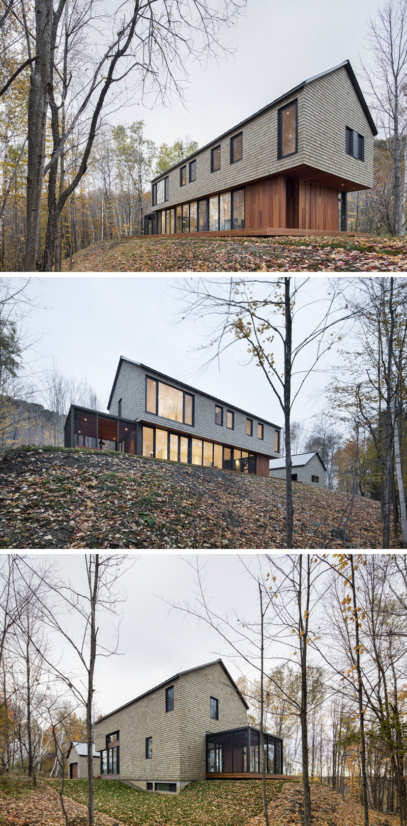 18 Modern House In The Forest // Wood shingles and wood paneling help this house fit right in with the forest surrounding it, while large windows provide views of the ever changing landscape. #ModernHouse #ModernArchitecture #HouseInForest #HouseDesign
