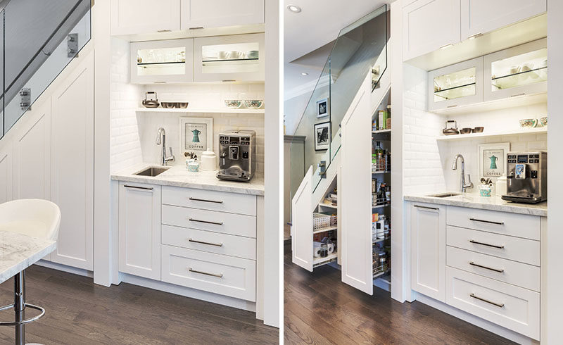 This home added a coffee station and food storage cabinet under the stairs