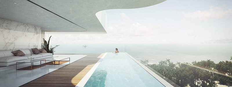 This concept design for a swimming pool in a residential building cantilevers out away from the building.