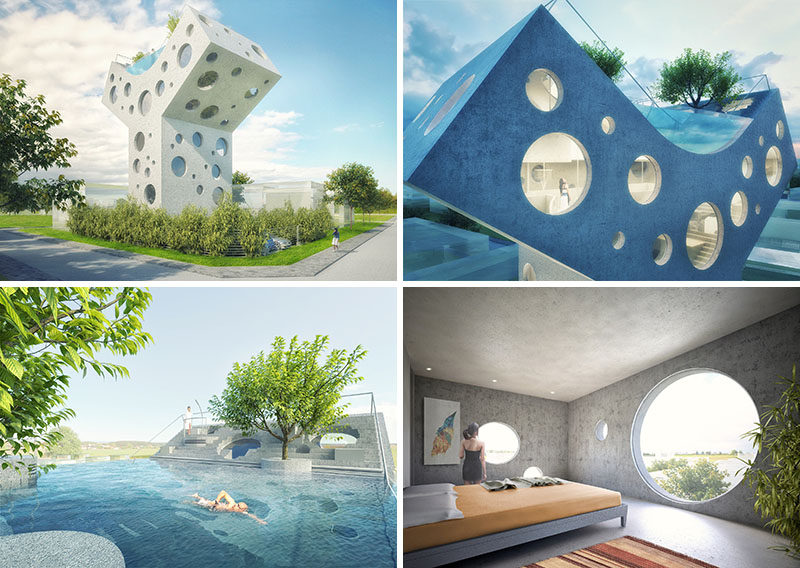 Located in Taiwan, this concept house has been designed as a futuristic home in a Y-shape, with circular windows covering the exterior and a pool on the roof.