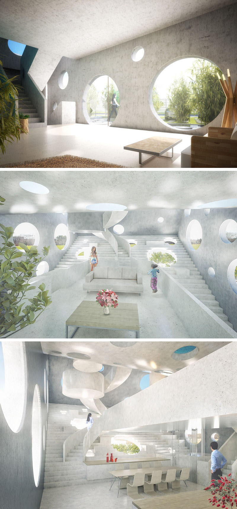 On the lower levels of this futuristic concept home are two children’s rooms, a master bedroom and a guest bedroom, which are all stacked above a ground-level garden tea room, designed for entertaining. As you climb the stairs, other communal living areas reveal themselves.