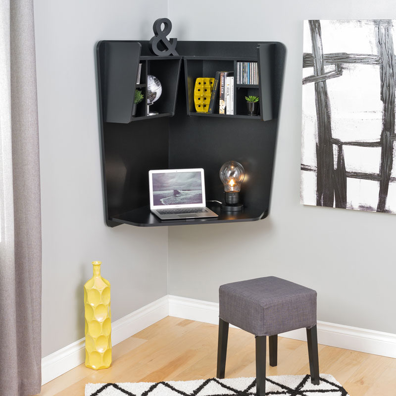 A corner wall mounted desk is a great way to include a home office in your small space.