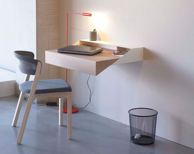 This minimal geometric floating wall desk is just the right size for studying or paying the bills.