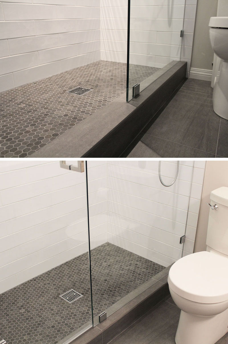 Bathroom Tile Ideas - Grey Hexagon Tiles // Small grey hexagonal tiles on the floor of this shower are in slightly different shades to add depth to the floor, and they work well with the grey tile on the rest of the floor of the bathroom.