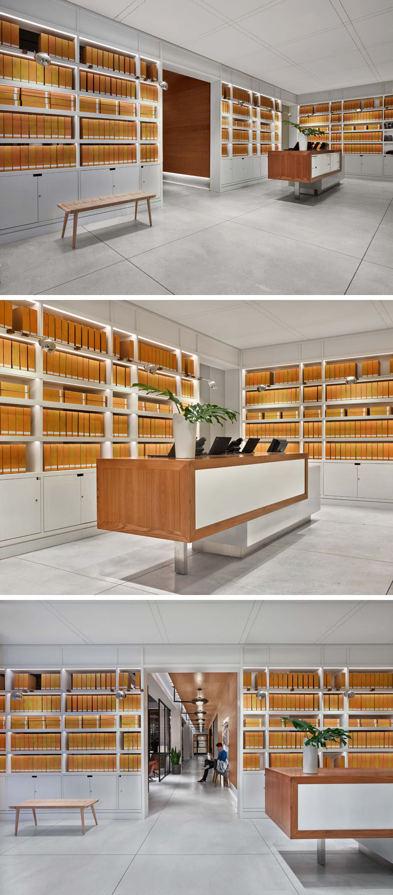 The lobby of the Arlo Hudson Square hotel in NYC features shelves on all three sides filled with 500 archive boxes. These archive boxes, each with a hand-painted spine, form a type of global map. Each box has the longitude and latitude coordinates of an international destination, and within the box is an image of that place.