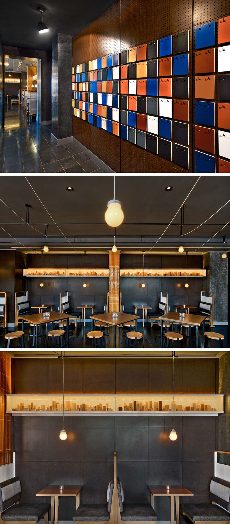 At the rooftop bar of the Arlo Hudson Square hotel in NYC, guests are greeted by an wall of wood planks, each painted two colors, that the guests can removed and replace, creating an ever-changing pattern of colors.