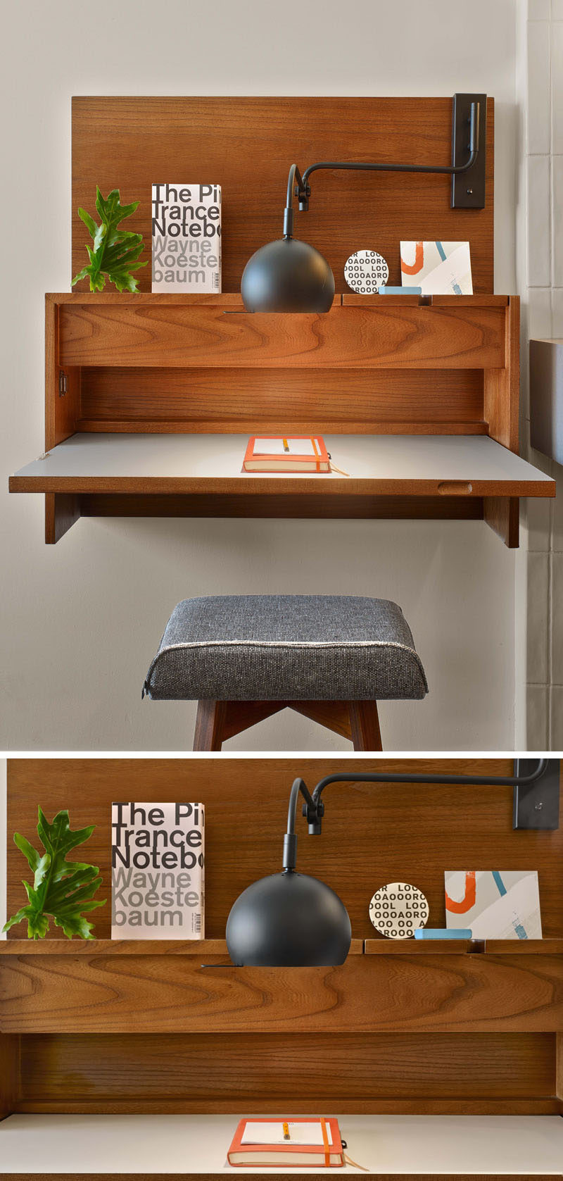 This small wall mounted desk was included in the design of a hotel room.