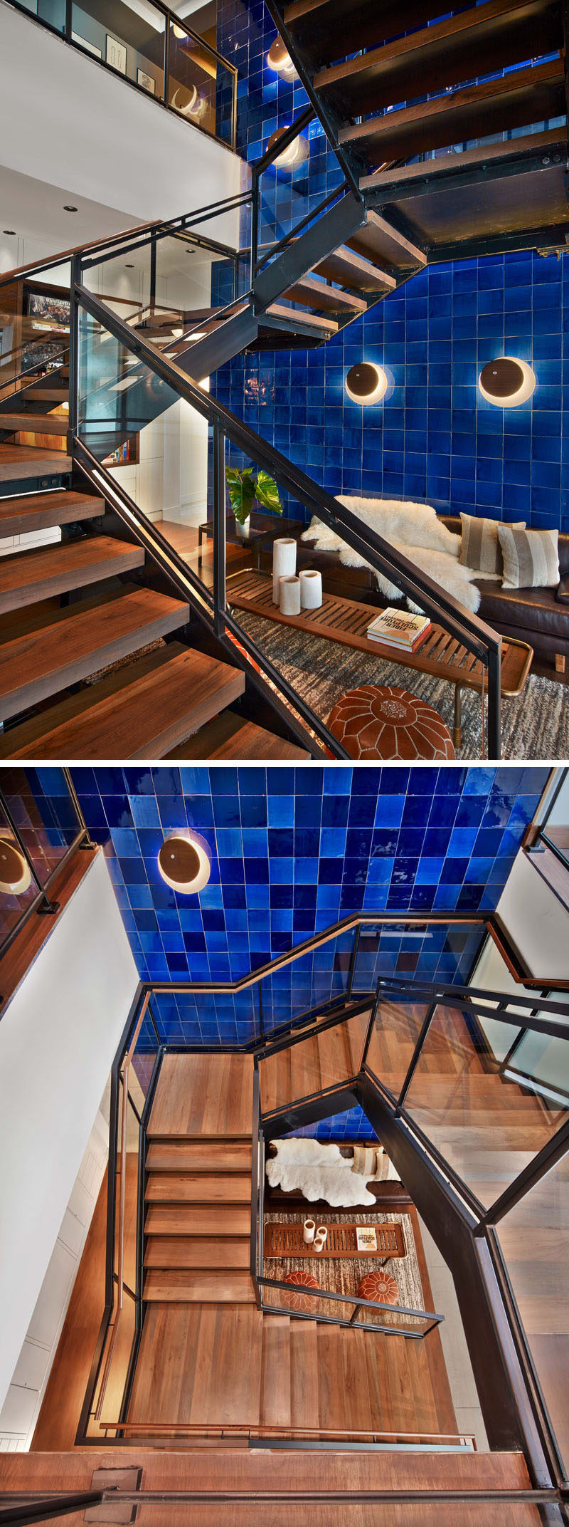 A large blue tiled wall runs alongside the wood and steel stairs, that lead to other floors of this hotel.