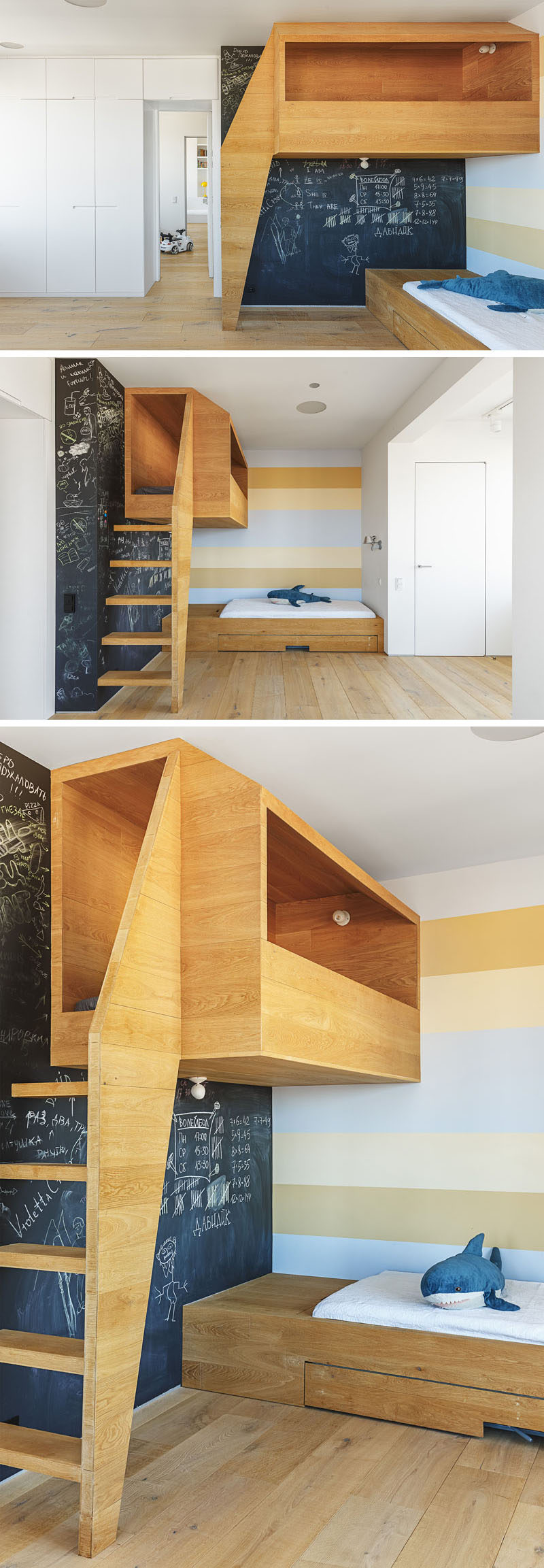 In this kids bedroom, there's a 'nest', an elevated wooden box or cubby that looks out over the rest of the bedroom and gives the children a quiet place to play.