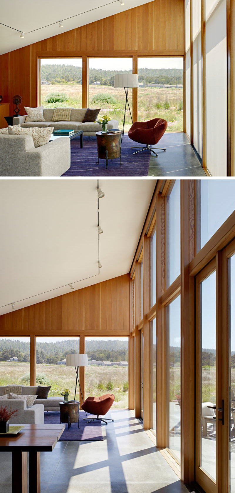 Large wood framed windows frame the views and fill the space with natural light.