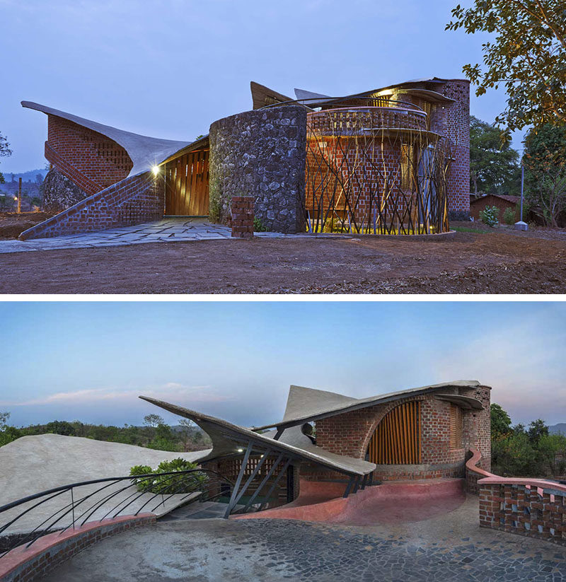 Bricks and old stone cover the exterior of this uniquely designed modern farmhouse.