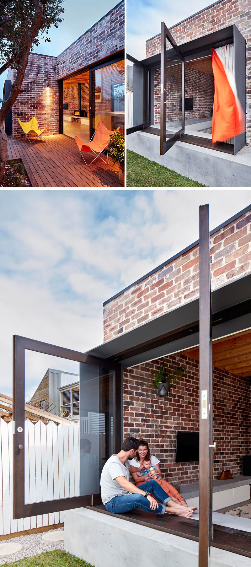 This small family home is covered with bricks that contrast the modern features of the house, like the large pivoting windows.