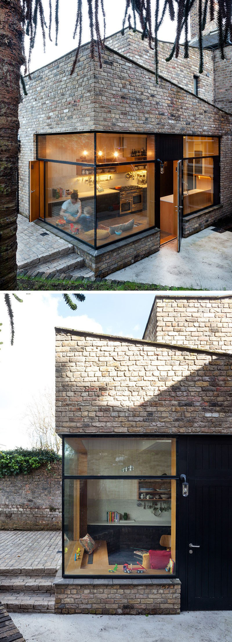 This brick extension matches the rest of the brick exterior and features large windows to maximize the amount of natural light in the home.