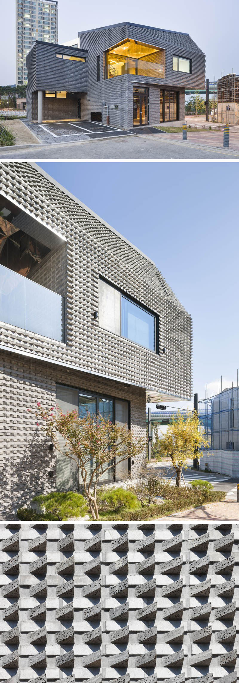 The bricks on the exterior of this house have been arranged on angles to create a textured look and a unique finish on the home.