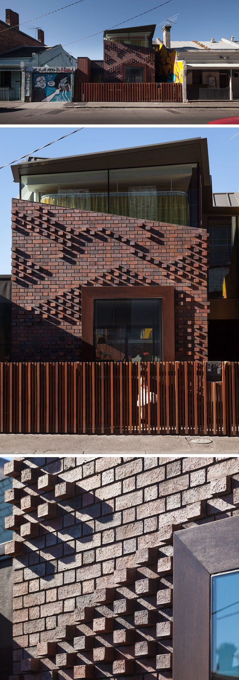 A patterned brick facade casts different shadows throughout the day.