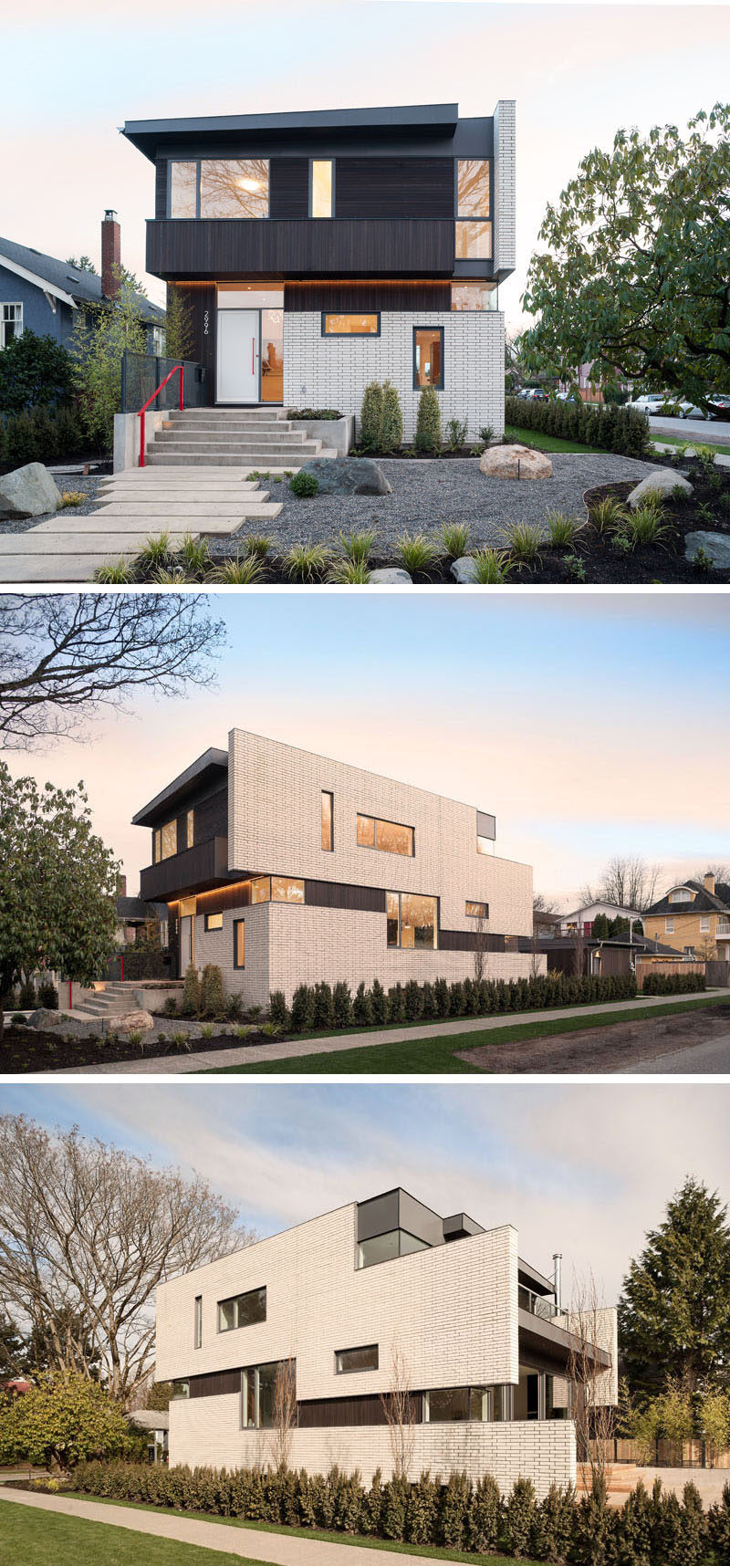 White bricks cover much of the exterior of this home and contrast the dark cedar siding and metal trim.