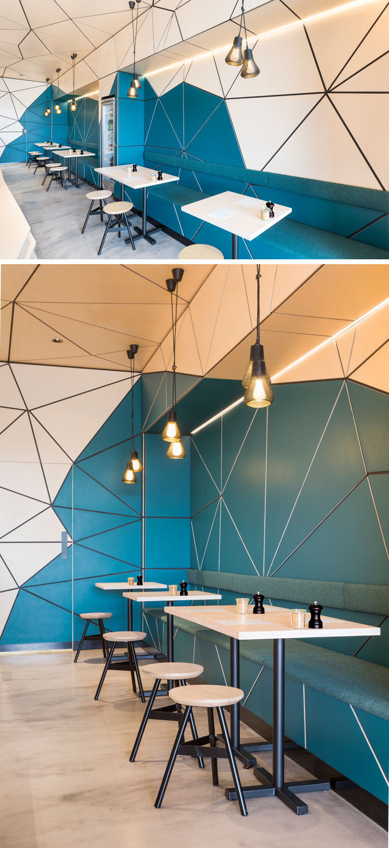 In this modern cafe, pale lime-washed birch panels have been paired with a rich teal color to accentuate the geometric patterns.