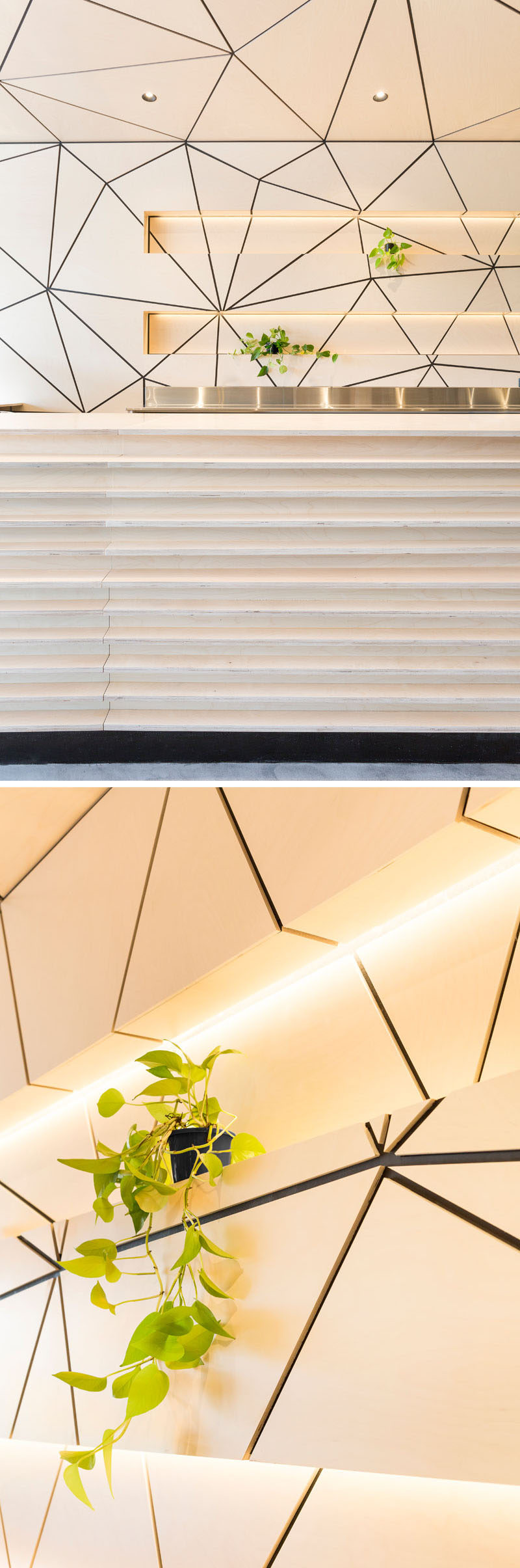 Behind the service counter in this cafe are some cut-outs for displaying items and plants. The tessellated pattern continues through these spaces for an uninterrupted look, and hidden lighting highlights the space.