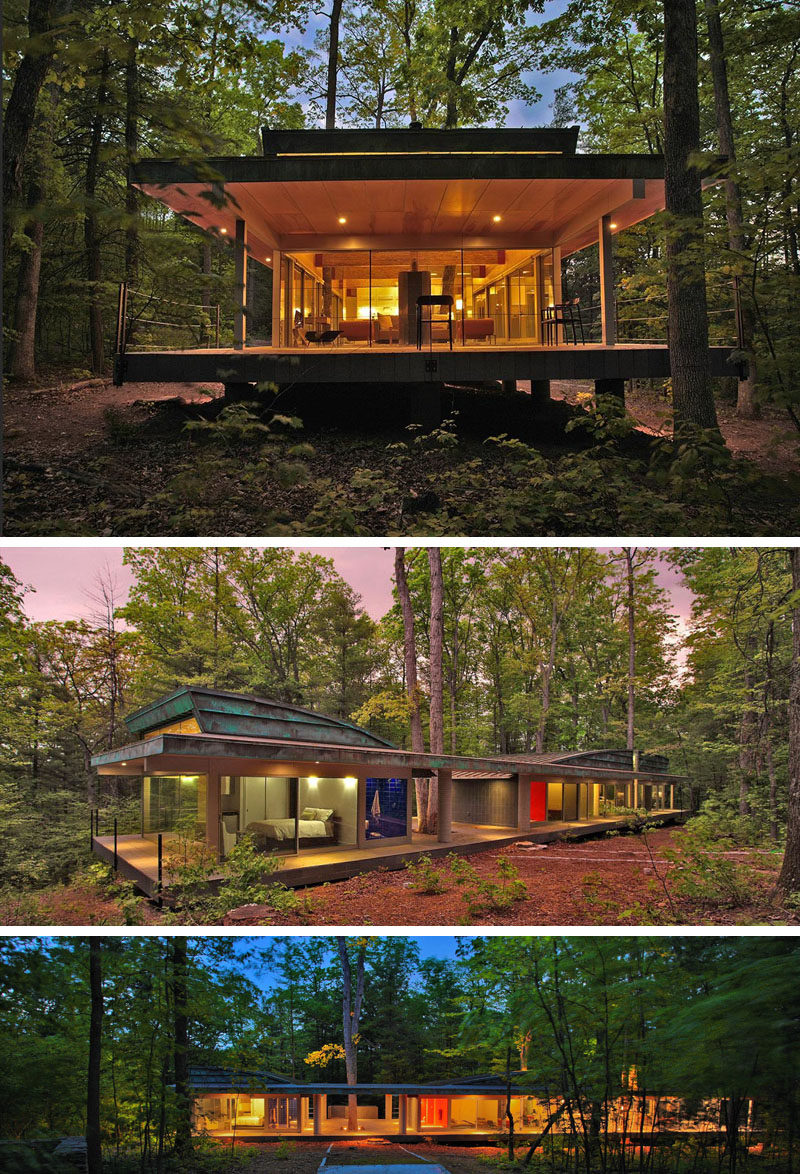 18 Modern House In The Forest // Rather than cut down the trees to make room for the house, the trees in this forest became part of the house design. #ModernHouse #ModernArchitecture #HouseInForest #HouseDesign