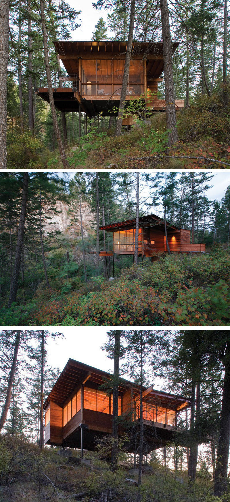 18 Modern House In The Forest // This forest house is lifted right up into the trees to provide better views of the surrounding vegetation. #ModernHouse #ModernArchitecture #HouseInForest #HouseDesign