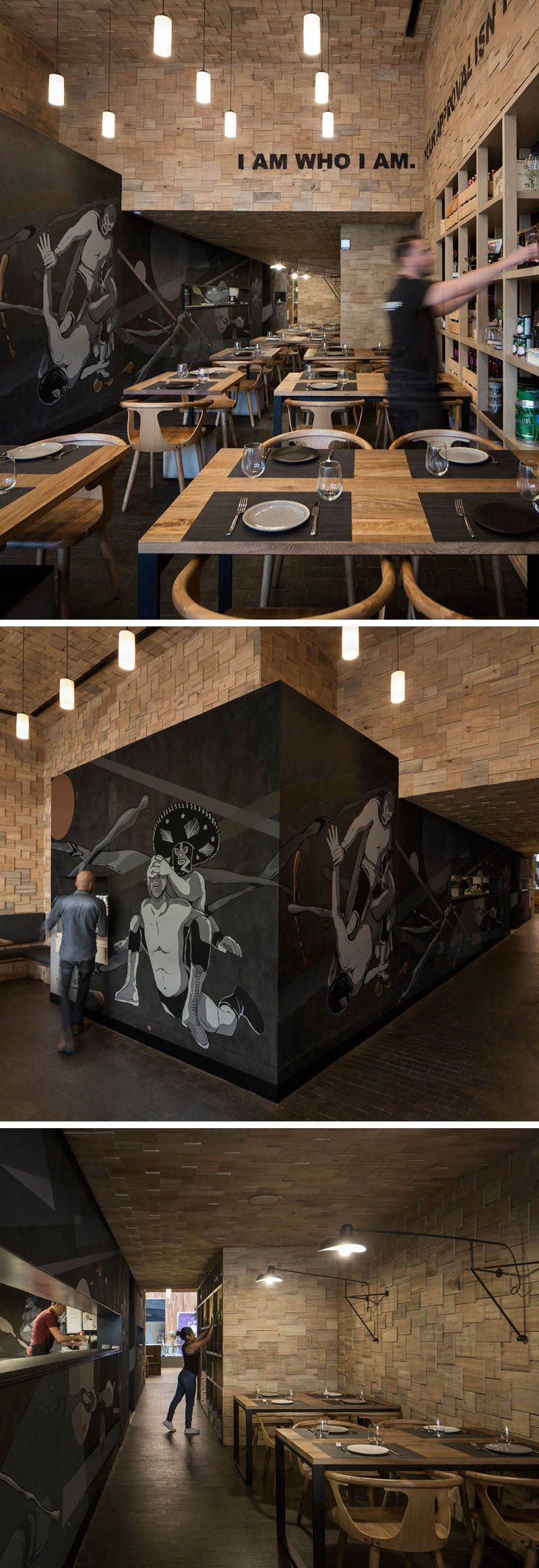 Wood shingles and a large graffiti mural by street artist Seher One covers the walls of this restaurant that hide the semi-open kitchen.