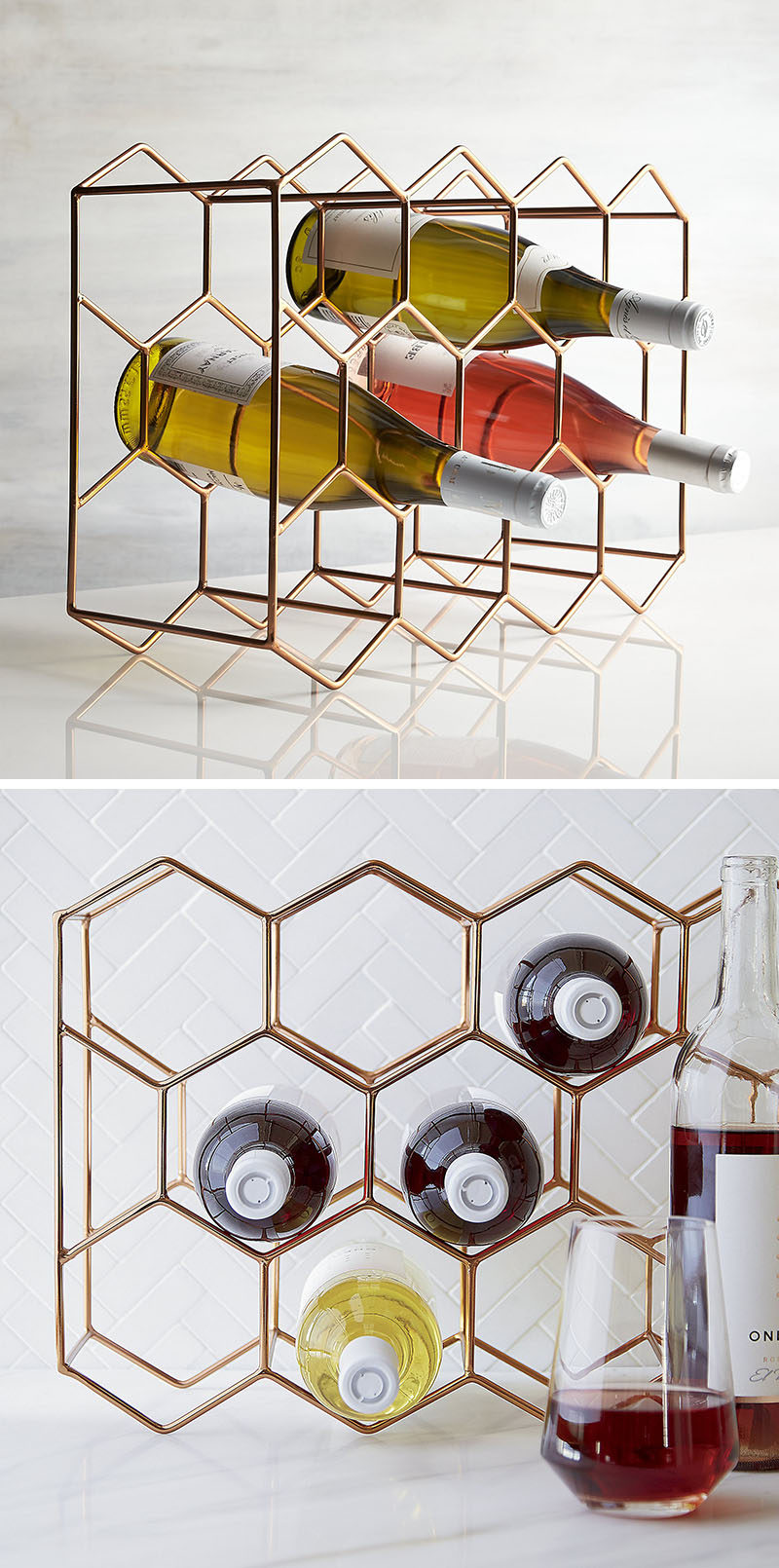 13 Wine Bottle Storage Ideas For Your Stylish Home // This sleek copper wine rack can hold 11 bottles of wine within the hexagons on both sides.