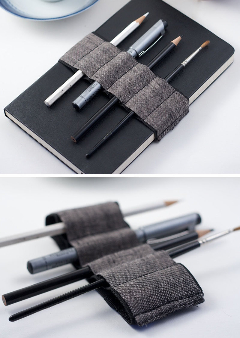 This bandolier wraps around journals and notebooks to secure the pages and holds a number of pens and pencils for all your writing and sketching needs.