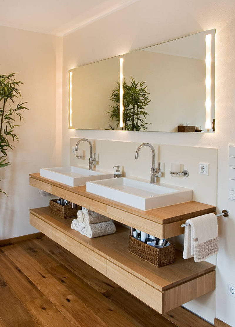 Bathroom Design Idea An Open Shelf Below The Countertop 17