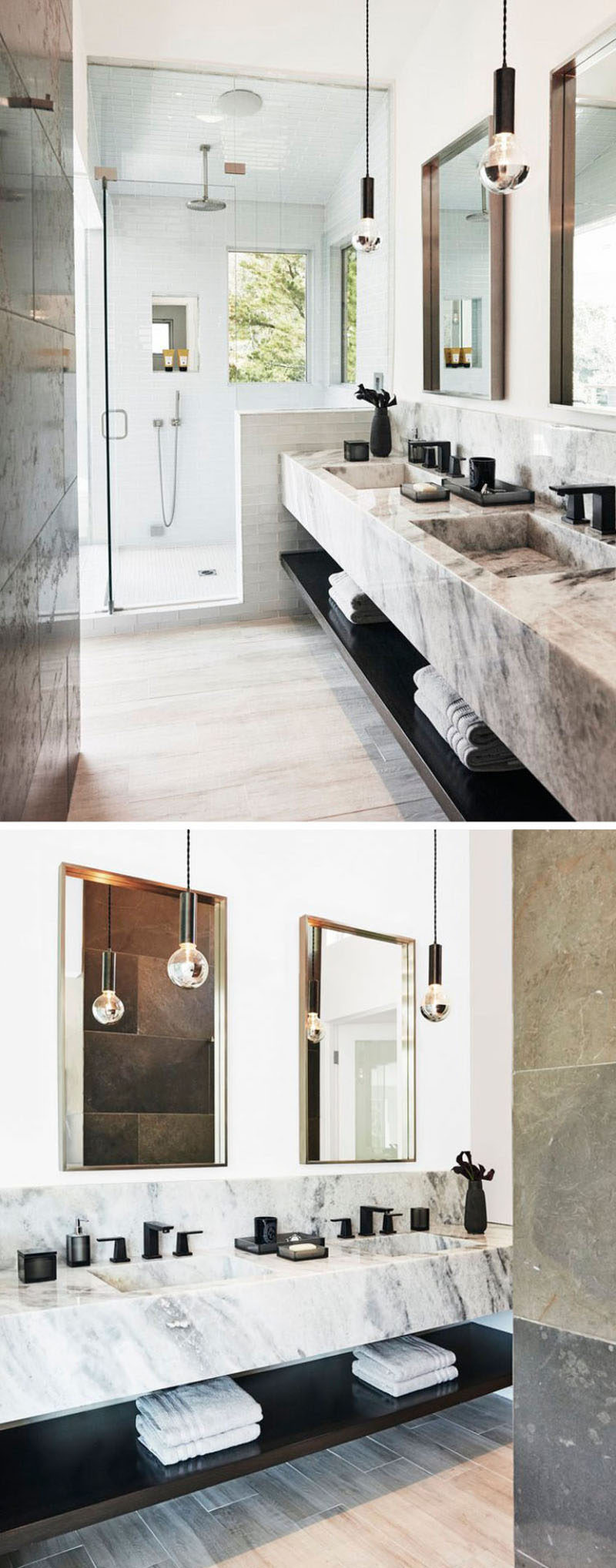 Bathroom Design Ideas - Open Shelf Below The Countertop // The dark shelf under this stone counter contrast the light materials in the bathroom and tie in the black hardware and accessories.