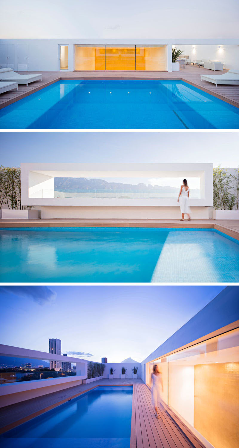 On the rooftop of this home is the pool, with one side of the pool deck looking into the reading area and gold sheet wall, with the other side providing views of the Sierra Madre Oriental mountain range.