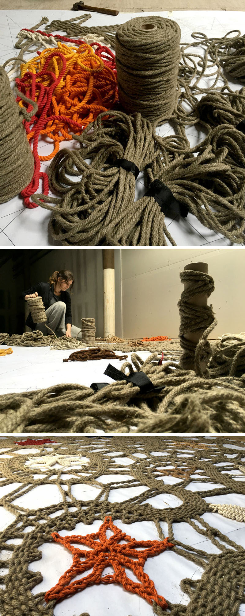 Artist Manca Ahlin of Mantzalin, was commissioned by Etsy to create a collection of handmade rope installations for their new head office in Dumbo, New York.
