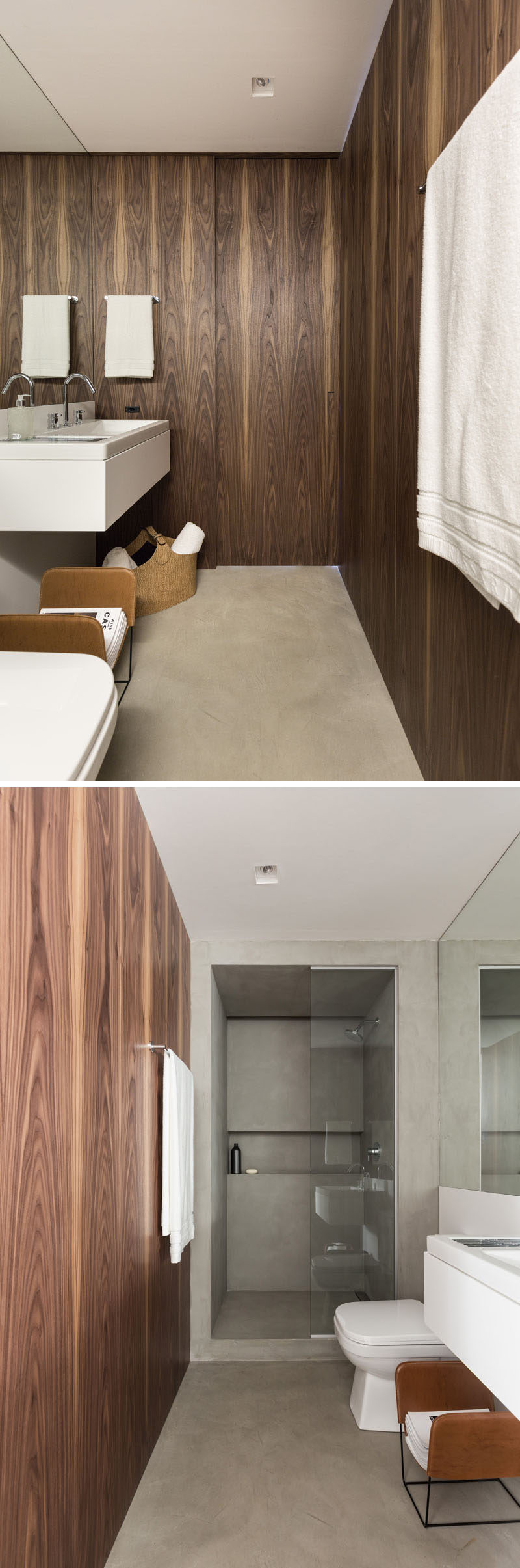 Wood lines the walls of this bathroom, with the designers using a green moisture resistant MDF inside the wooden panels, ensuring strength and protection for the humidity. 