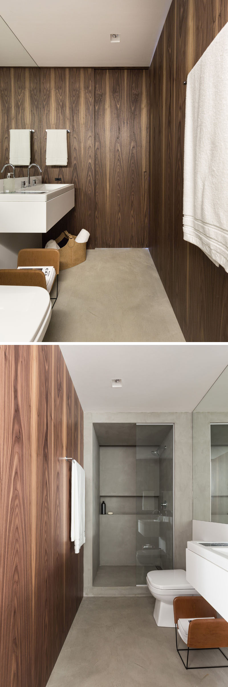 Wood lines the walls of this bathroom, with the designers using a green moisture resistant MDF inside the wooden panels, ensuring strength and protection for the humidity.