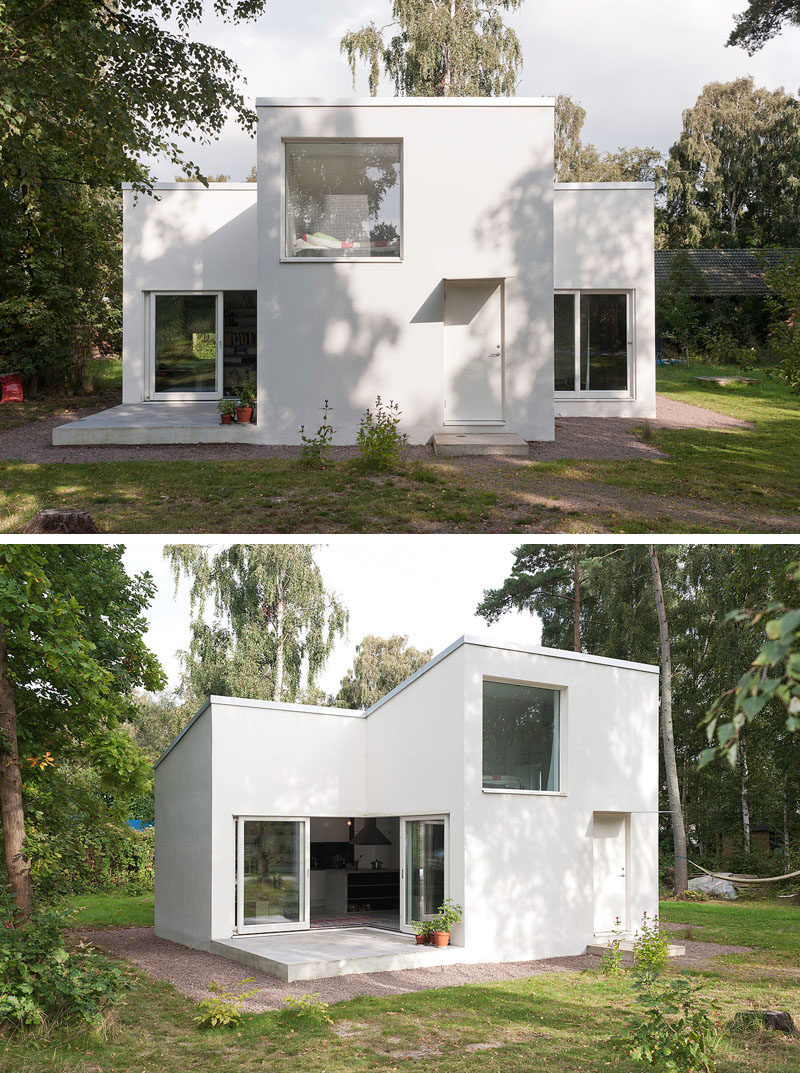 11 Small Modern House Designs // The bright white color of this small summer house makes it stand out against the greenery of the surrounding area and gives it a contemporary look.